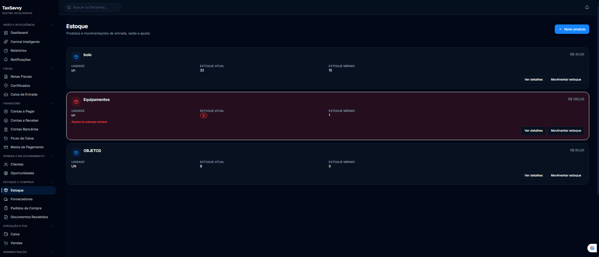 Tela de Estoque do NIVO, com produtos e níveis de estoque